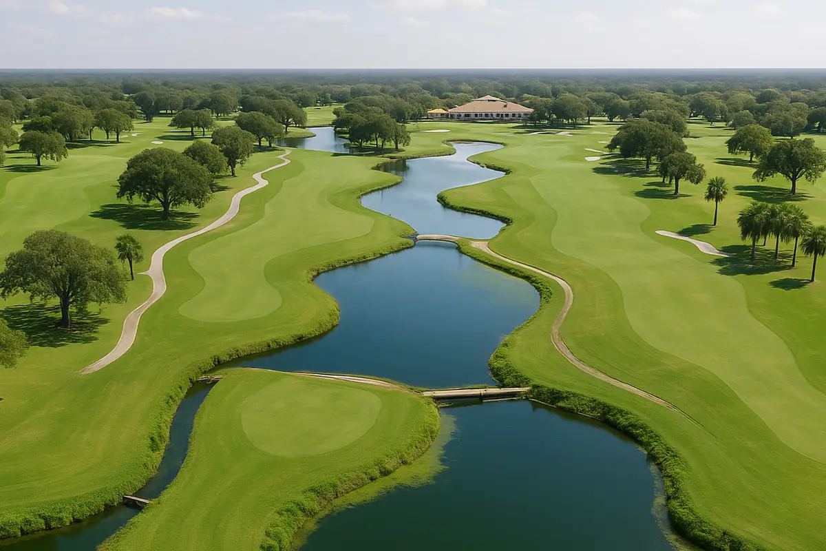 Aerial view of a golf course with a chain of connected ponds winding between the fairways