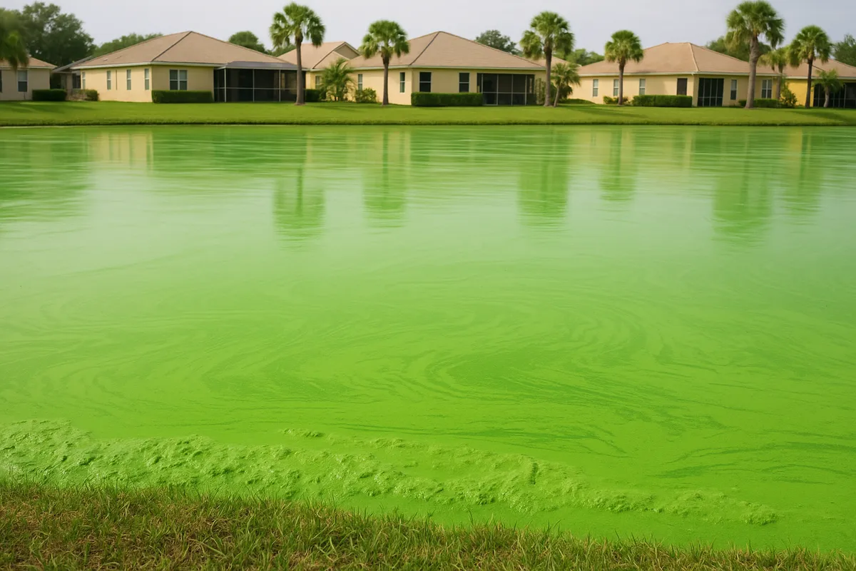 A community stormwater pond covered in bright green blue-green algae scum, with homes and palm trees on the far bank