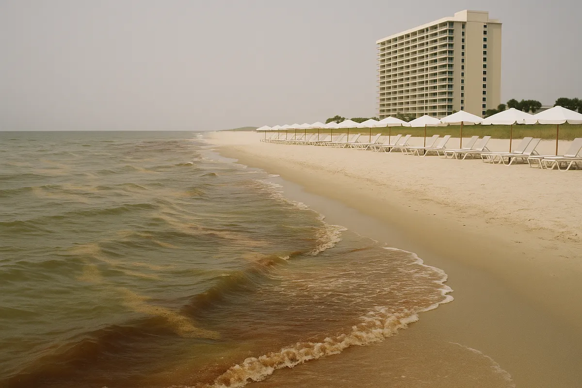 A resort beach with reddish-brown algae bloom in the surf, empty lounge chairs and umbrellas, and a beachfront hotel tower