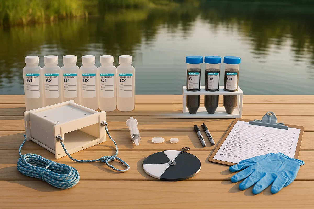 The Pond Health Check kit: six water bottles A1 to C2 and three sediment tubes S1 to S3, each labeled with the kit number and date, time and initials lines; the flat-pack throw sampler with its line and bridle; a syringe with no needle; disposable filters; a weighted Secchi disk; markers; the collection sheet; gloves