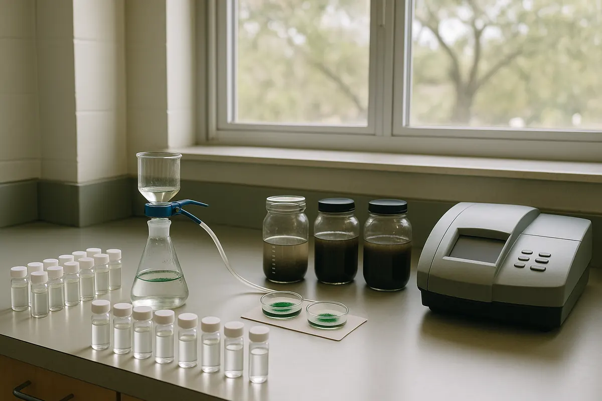 A water-quality lab bench with sample vials, a filtration setup with green algae filters, sediment jars and a spectrophotometer