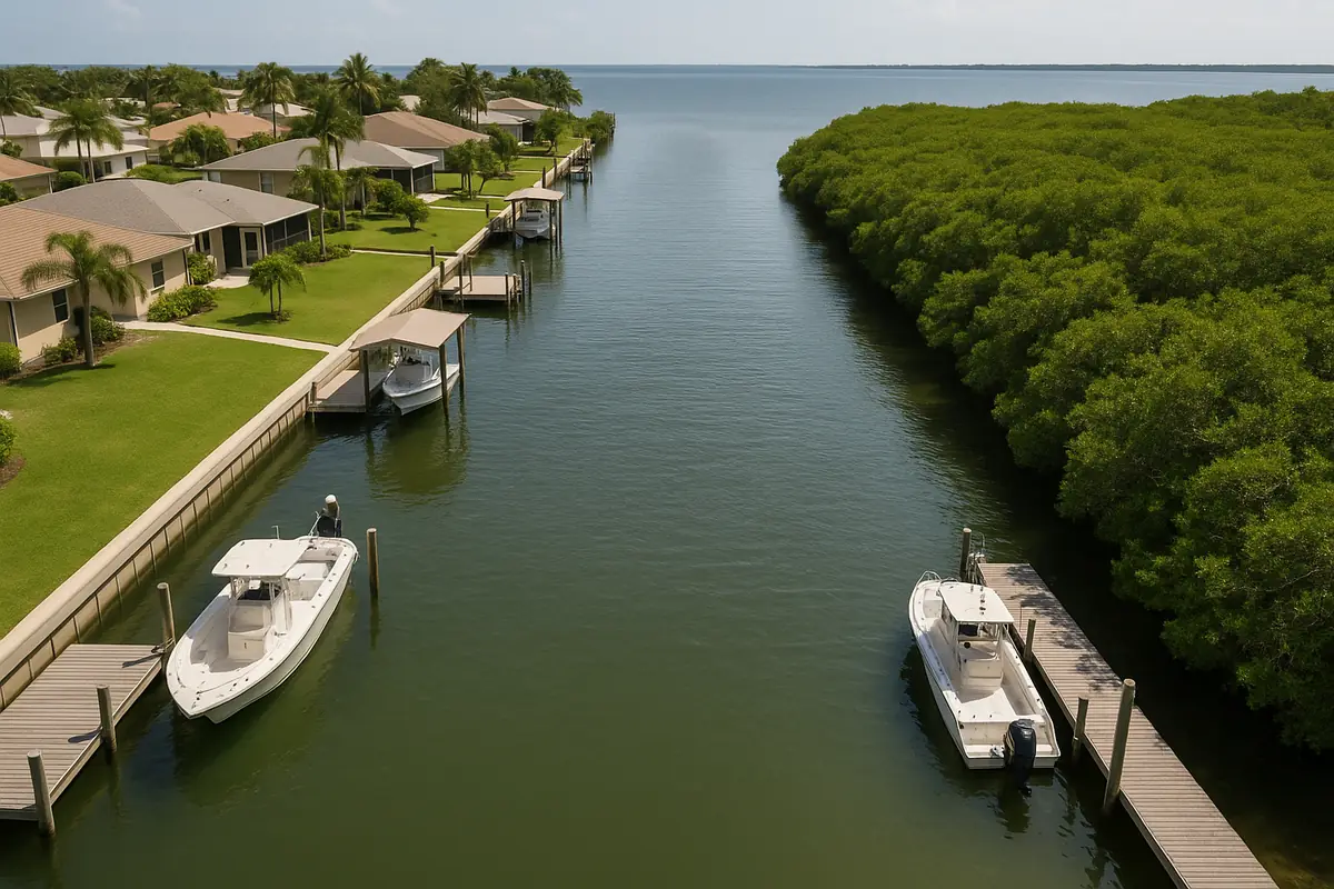 Aerial view of a saltwater residential canal with seawalls, boat docks and mangroves, opening to a bay