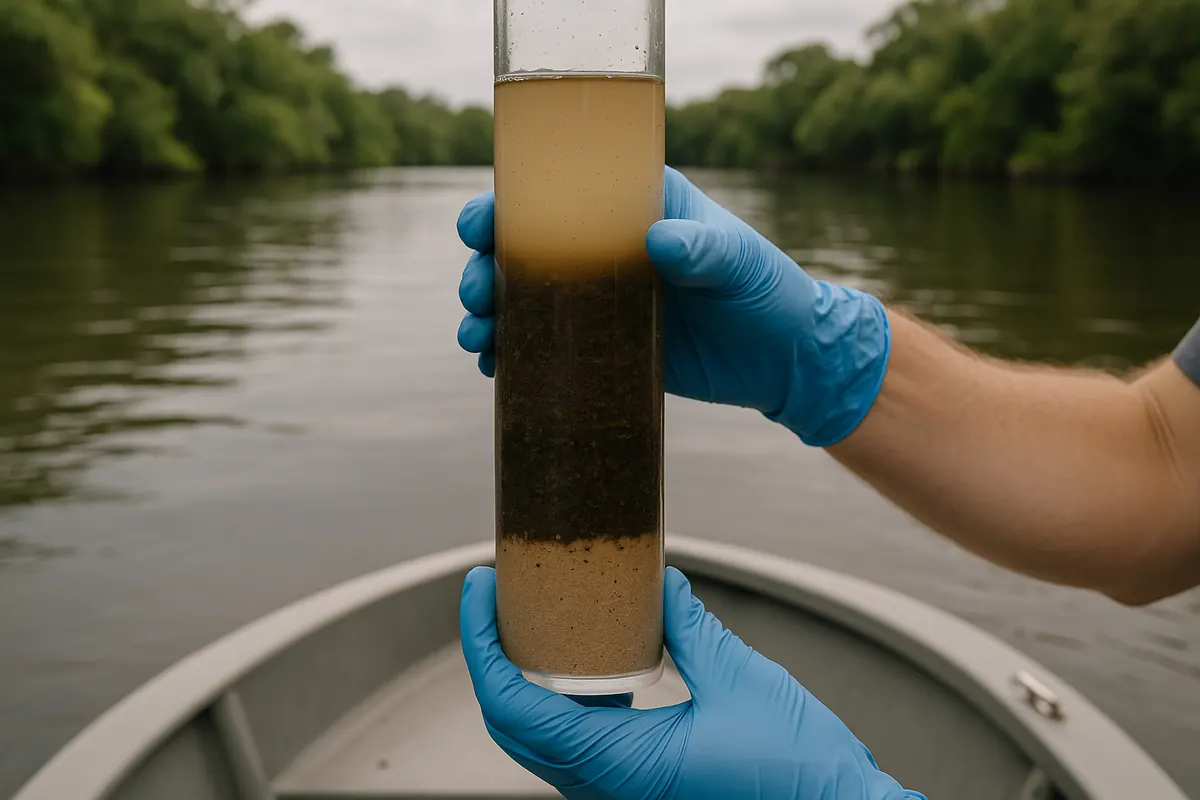 A clear sediment core held up over a boat: murky water above dark organic sediment and sand